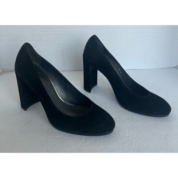 Stuart Weitzman Black Suede Almond Toe Block High Heel Slip On Pump Shoes 8.5M - Picture 3 of 11
